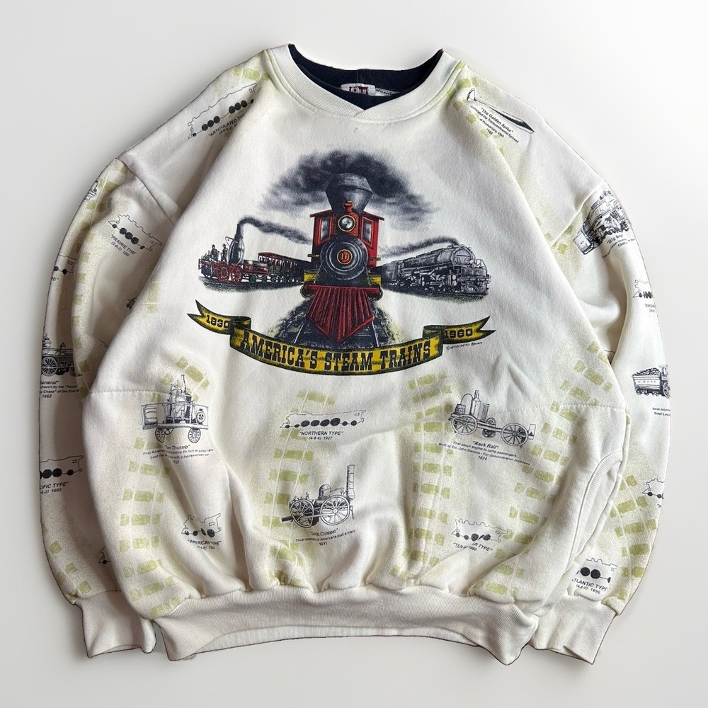 Vintage 90s Art Unlimited Crewneck Sweatshirt Mens XL AOP Americas Steam Trains
